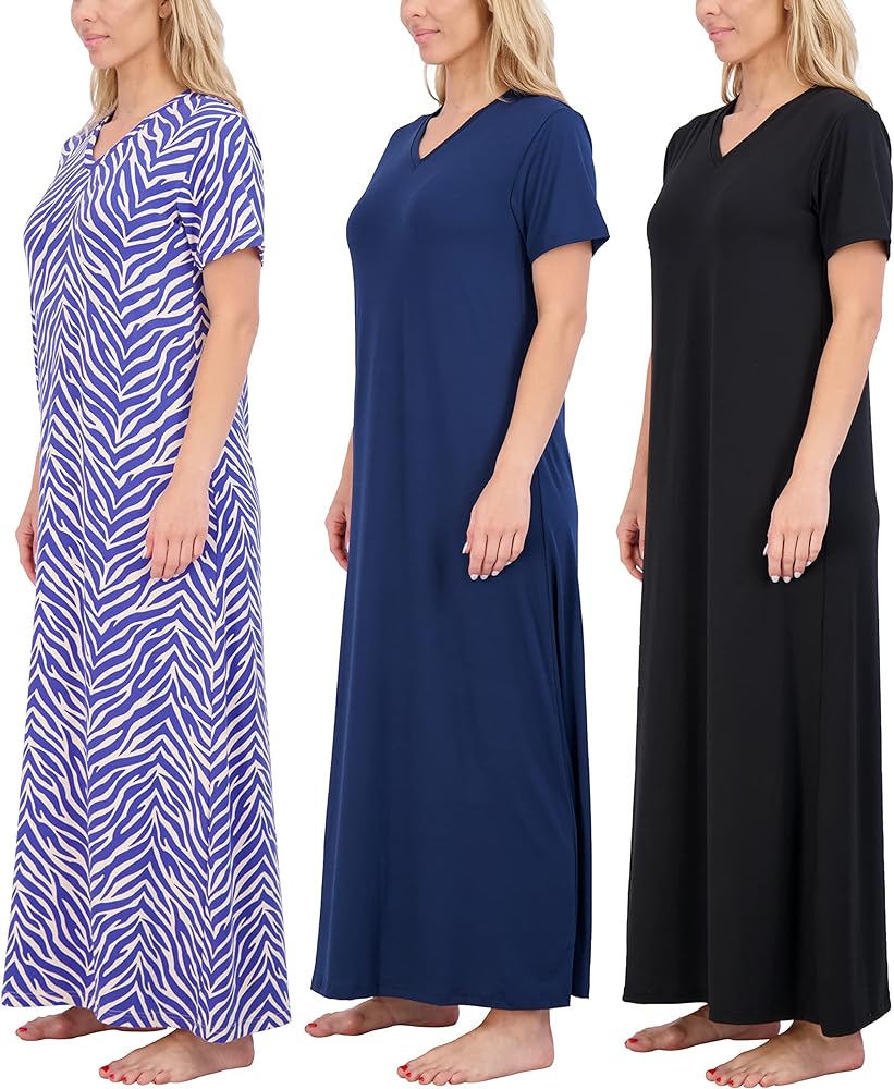 Real Essentials 3 Pack: Women's Soft Maxi Long Nightshirt Short Sleeve Soft Nightgown Sleep Dress (Available in Plus Size)