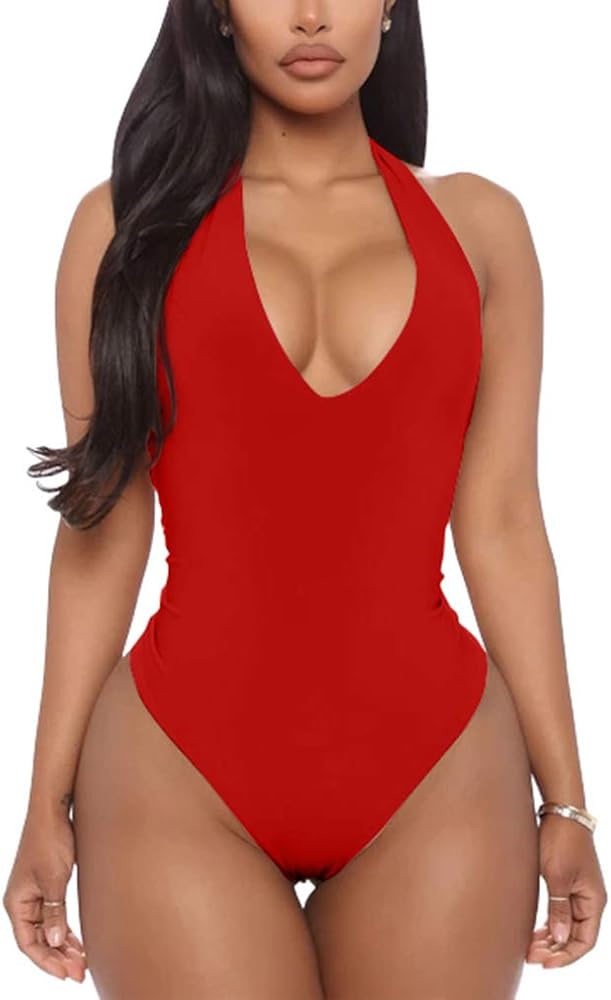 YMDUCH Women's Sexy Sleeveless Halter V Neck Backless Leotard Bodysuit Tops