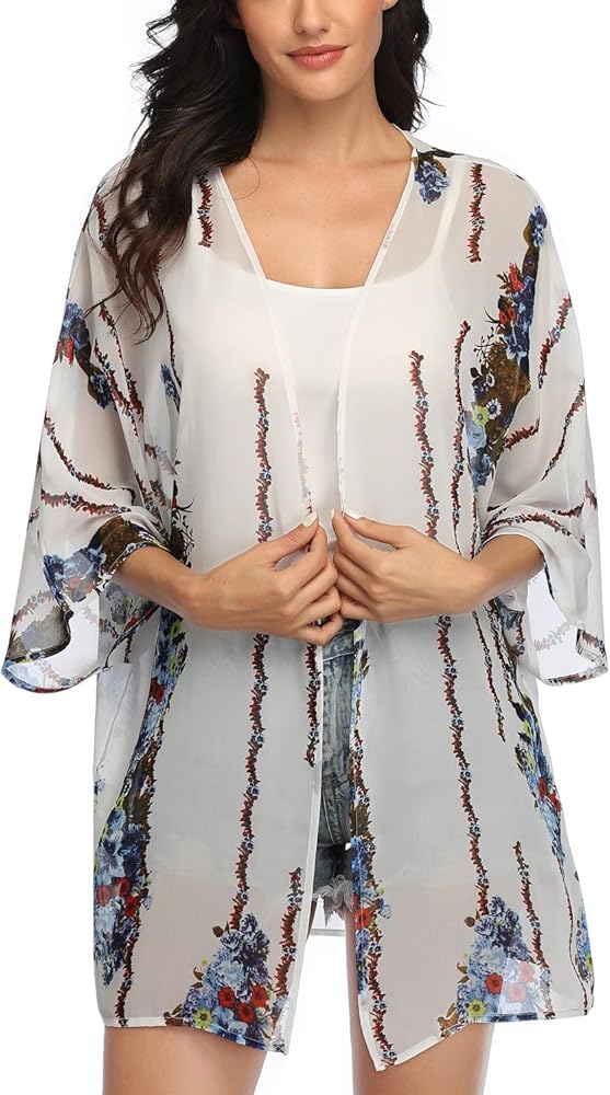 KirGiabo Women's Floral Print Kimonos Loose Tops Half Sleeve Shawl Chiffon Cardigan Blouses Casual Beach Cover Ups