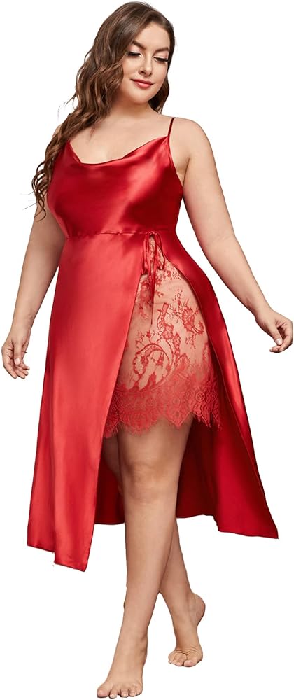 WDIRARA Women's Plus Size Satin Nightgown Lace Trim Cowl Neck Slit Chemise Sleep Dress