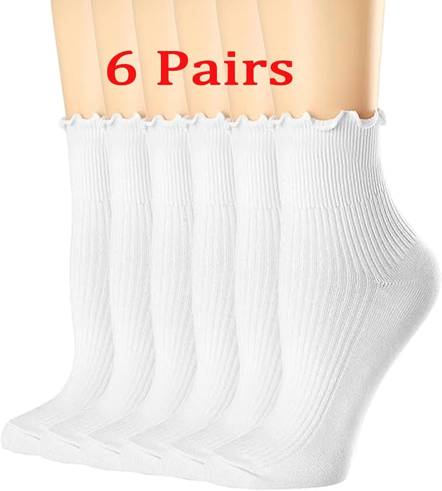 6 Pairs of Ruffle Socks Women, Cute Girl Ruffle Socks Breathable Cool Ruffle Cotton Candy Color Crew Socks Dres