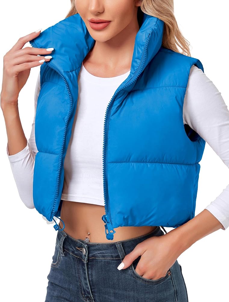 Women's Cropped Puffer Vest Jacket Sleeveless Winter High Stand Collar Lightweight Vest for Women with Zip Gilet