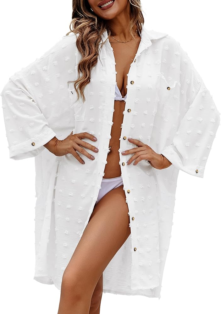 Bathing Suit Cover Up for Women, Plus Size Beach Swimsuit Bikini Coverup Button Down Dot Shirt