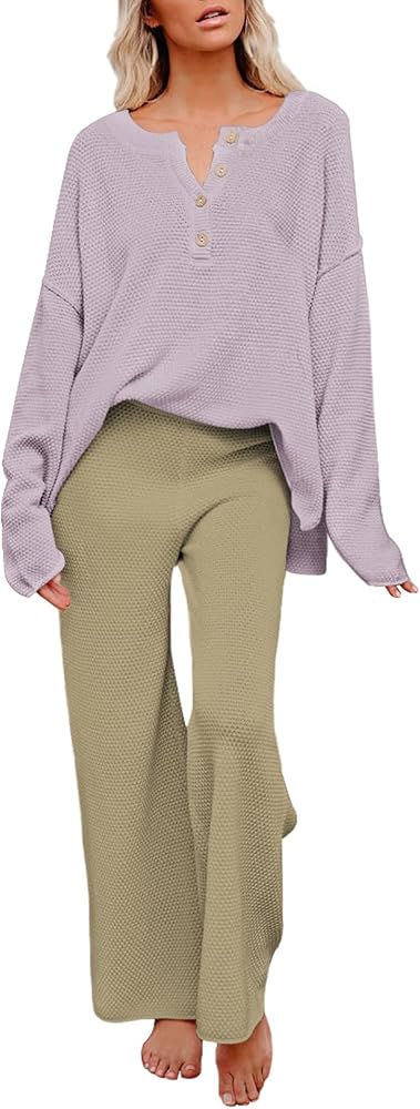 Pink Queen Women's 2 Piece Outfits Sweater Sets Knitted Tops Wide Leg Pants Loose Tracksuit Lounge Set Khaki Pink L