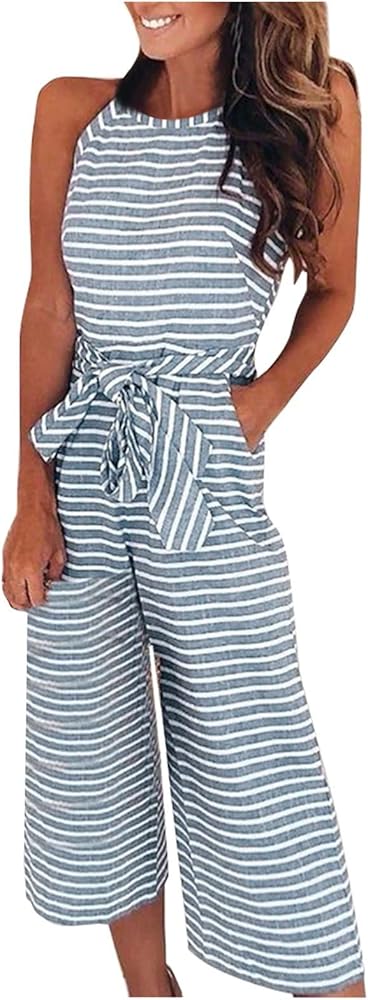 Women's Jumpsuits 2024 Fashion Slim Sexy Pocket Striped Round Neck Sleeveless Jumpsuit Jumpsuits