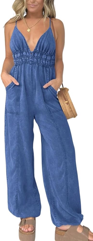 utcoco Womens Smocked Elastic Waist Denim Jumpsuit Sleeveless Adjustable Straps Wide Leg Jeans Overall Jumpsuits