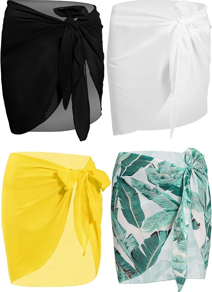 4 Pcs Sarongs Coverups for Women Swimsuit Wrap Skirt Beach Bikini Bottom Cover up Short Skirt Chiffon Cover Ups for Swimwear(Black, White, Yellow, Green Plantain Leaf)