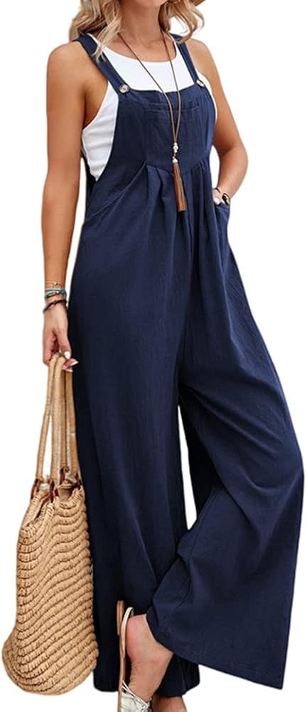 IDEALSANXUN Wide Leg Overalls for Womens Casual Cotton Linen Baggy Loose Maternity Summer Beach Jumpsuits Romper