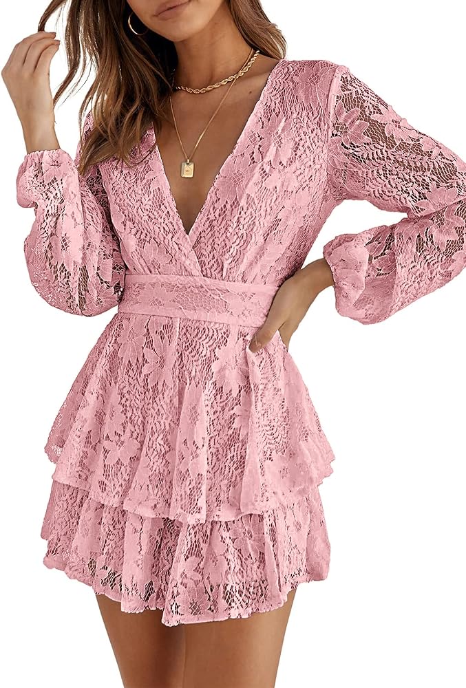 Okiwam Jumpsuits for Women Fall 2024 Long Sleeve V Neck Tie Wasit Wrap Mini Dress Ruffle Hem Romper Dress Short Rompers