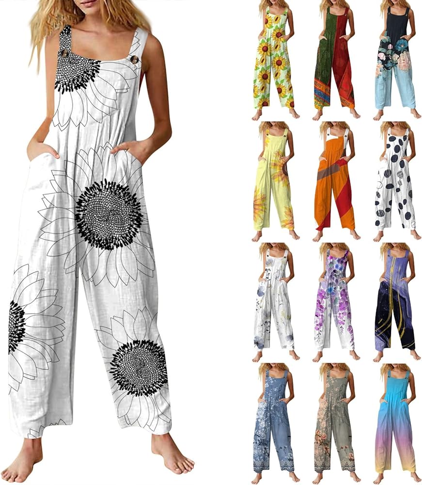 Jumpsuit for Women 2024 Casual Vintage Printed Sleeveless Loose Button Down Plus Size Overalls with Pocket