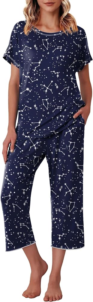 Ekouaer Women's Capri Pajama Sets Floral Print Short Sleeve Sleepwear Top and Capri Pants 2 Piece Loungewear with Pockets