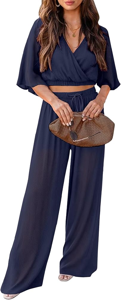 luvamia 2 Piece Outfits for Women Summer 2024 Faux Wrap Crop Top Elastic High Waisted Wide Leg Pants Set Beach Vacation