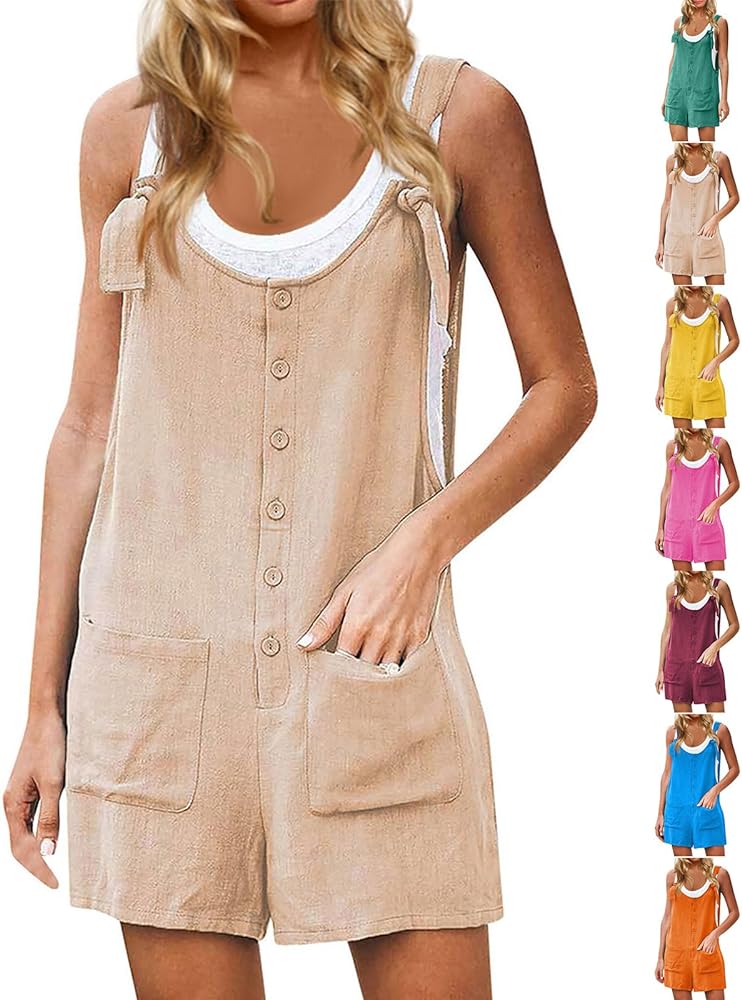 Womens Rompers for Summer Cute Casual Linen Romper Shorts Loose Short Sleeve Romper Jumpsuits with Pockets