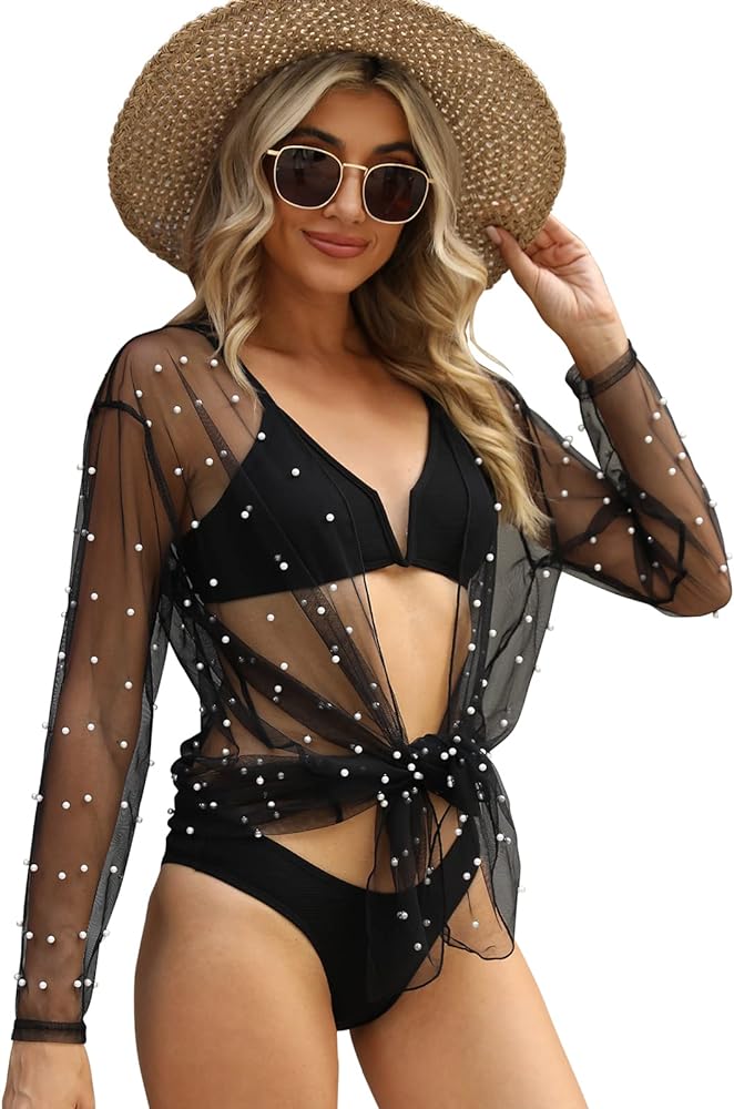 EDIMENS Bathing Suit Cover Ups for Women Long Sleeve Pearls Sheer Mesh Beach Cover Ups Swimwear Swimsuit Coverup for Women