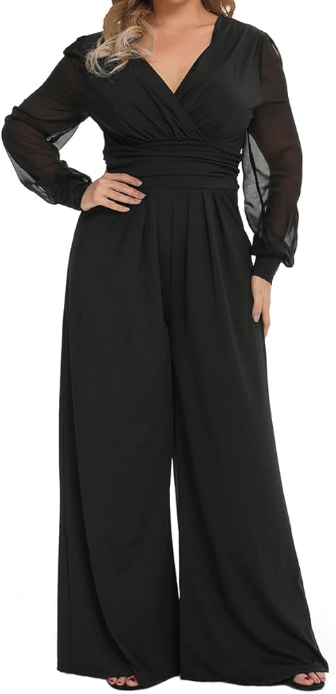 RED DOT BOUTIQUE 701 - Plus Size Mesh Long Sleeve V Wrap Neck Wide Leg Pants One Piece Jumpsuit