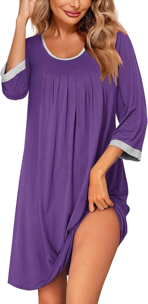 Ekouaer Women's Pleated Nightgown Soft Sleep Shirt 3/4 Sleeve Pajama Dress Scoopneck Sleep Tee Nightshirt Sleepwear S-3XL