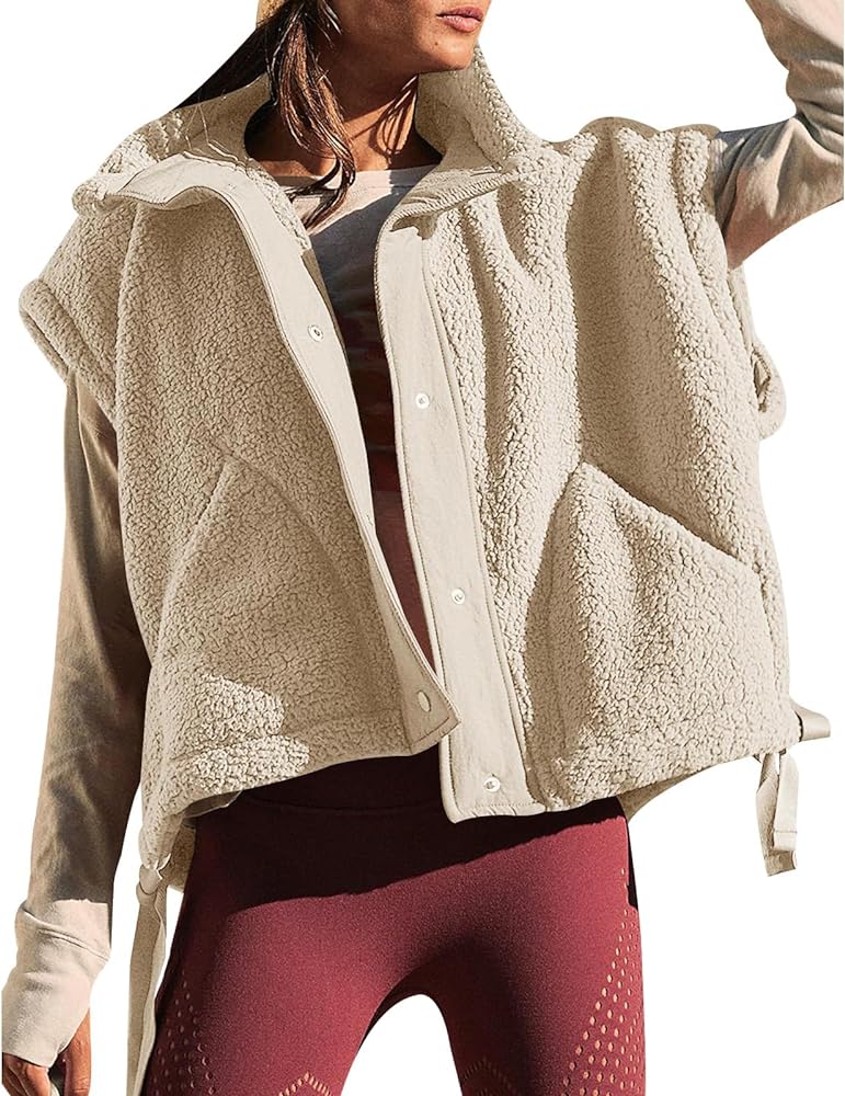 Women's Fleece Vest Casual Sleeveless Oversized Sherpa Jacket Button Down Vests Outerwear with Pockets