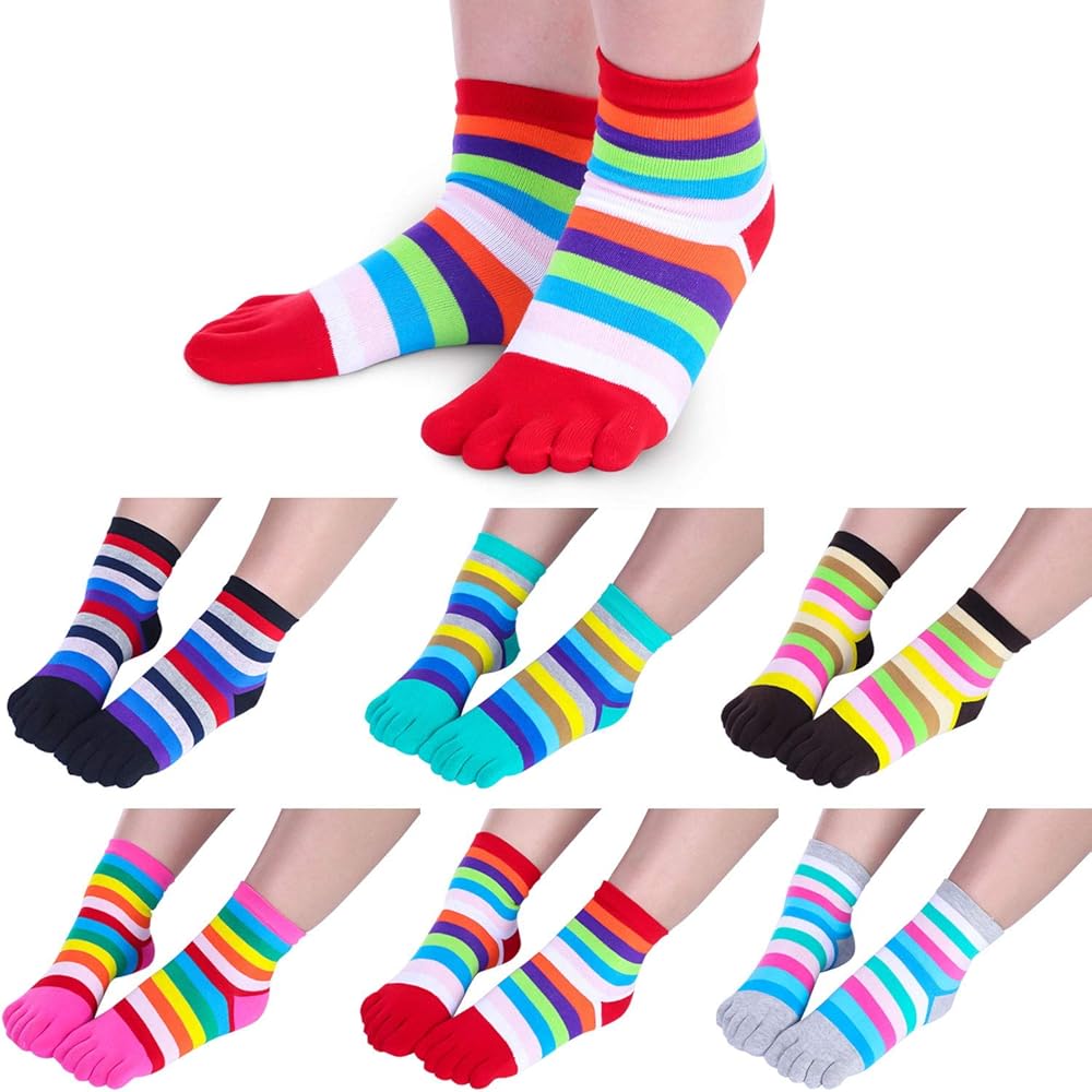 SATINIOR 6 Pairs Full Toe Socks Toe Separated Cotton Socks Colorful Stripe Socks for Women Men