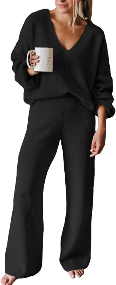 Viottiset Women's 2 Piece Outfits Casual V Neck Knit Wide Leg Sweater Lounge Set Sweatsuit