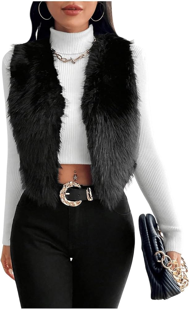 Verdusa Women's Fuzzy Faux Fur Vest Jacket Sleeveless Open Front Waistcoat Outerwear