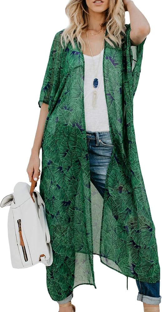 MayBuy Women's Summer Long Flowy Kimono Cardigans Boho Chiffon Beach Cover Up Tops