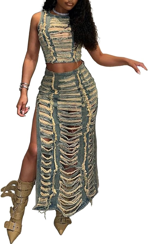 KANSOON Skirt Sets Women 2 Piece Outfits Denim Ripped Distressed Sleeveless Crop Tank Tops and Split Maxi Skirt Set