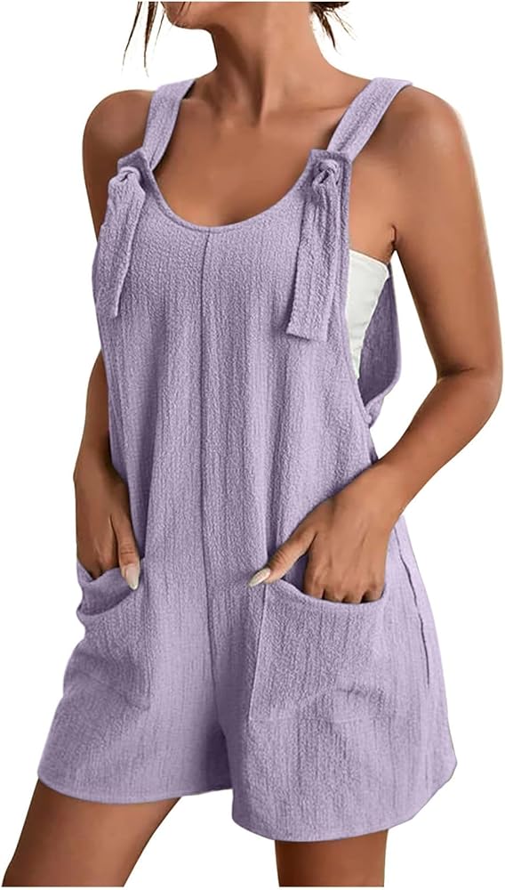 Womens Rompers for Summer, Sleeveless Casual Jumpsuits Strap Loose Fit Overall Shorts Lightweight Plus Size Romper