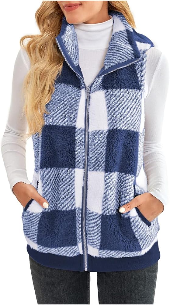 Women Winter Plaid Jacket Vest Sherpa Fleece Zip Up Coats Sleeveless Stand Collar Warm Outerwear with Pockets