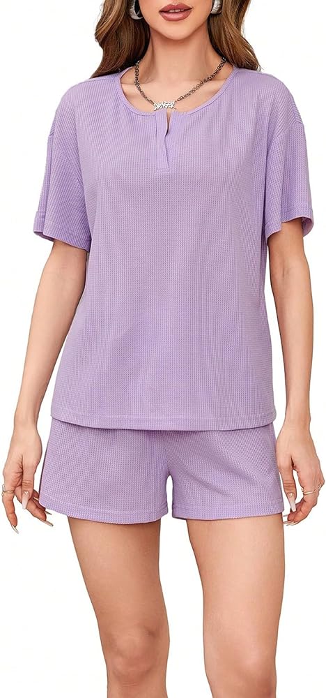 WDIRARA Women's 2 Piece Outfits Ribbed Short Sleeve Drop Shoulder Tee and Shorts Set Lilac Purple L