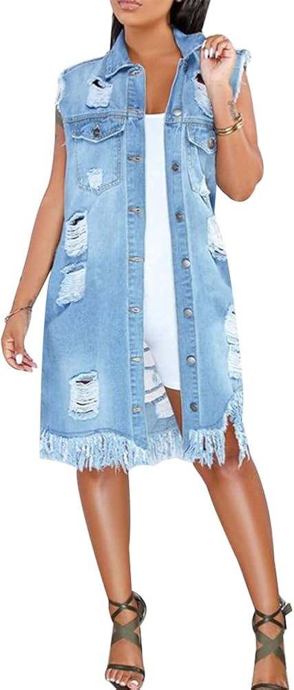 Women's Distressed Ripped Sleeveless Waistcoat Casual Jean Vest Jacket Midi Long Coat with Tassels