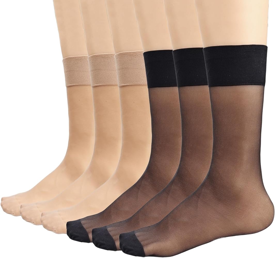 Mcool Mary Womens Nylon Sheer Socks Nude Crew Stocking Ultra Thin Cool See Through Calf High Silk Socks for Women 6Pack