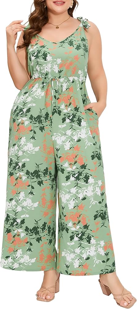 Women's Plus Size Jumpsuits Floral Print Tie Strap V-Neck Loose Wide Leg Long Rompers with Pockets