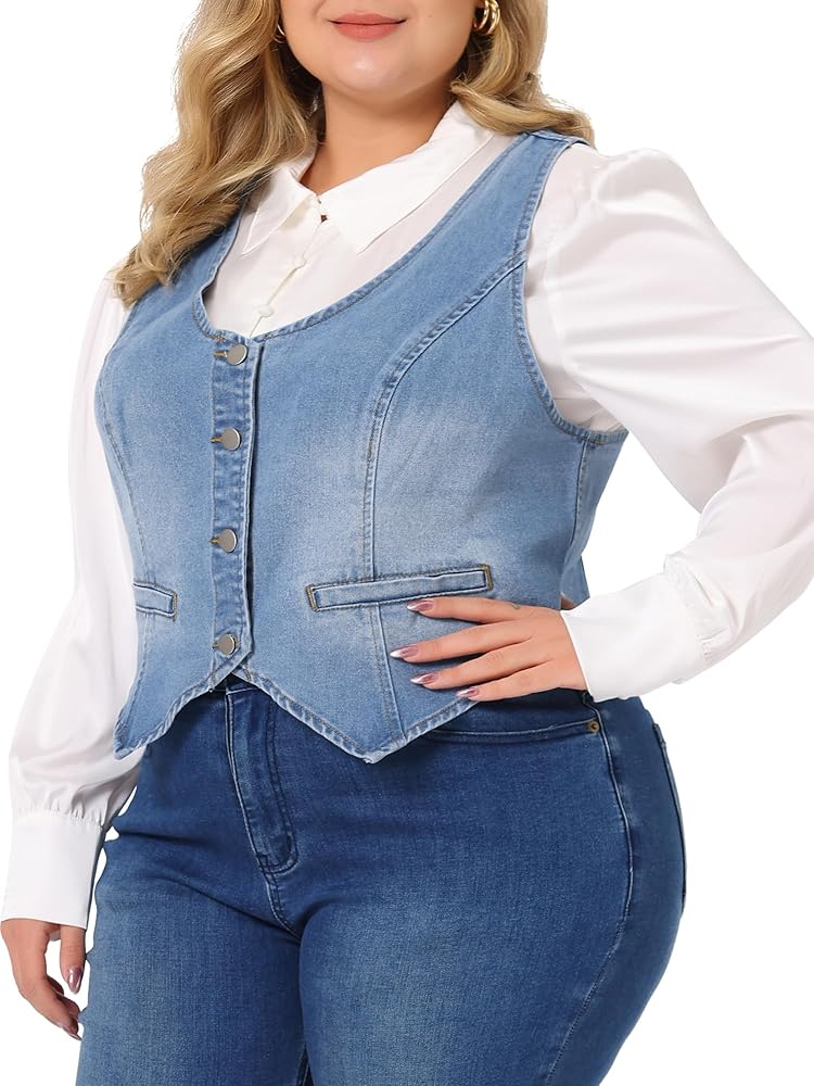 Agnes Orinda Plus Size Denim Vests for Women Vest Tops Button Down Jean Waistcoat Casual Sleeveless Jacket