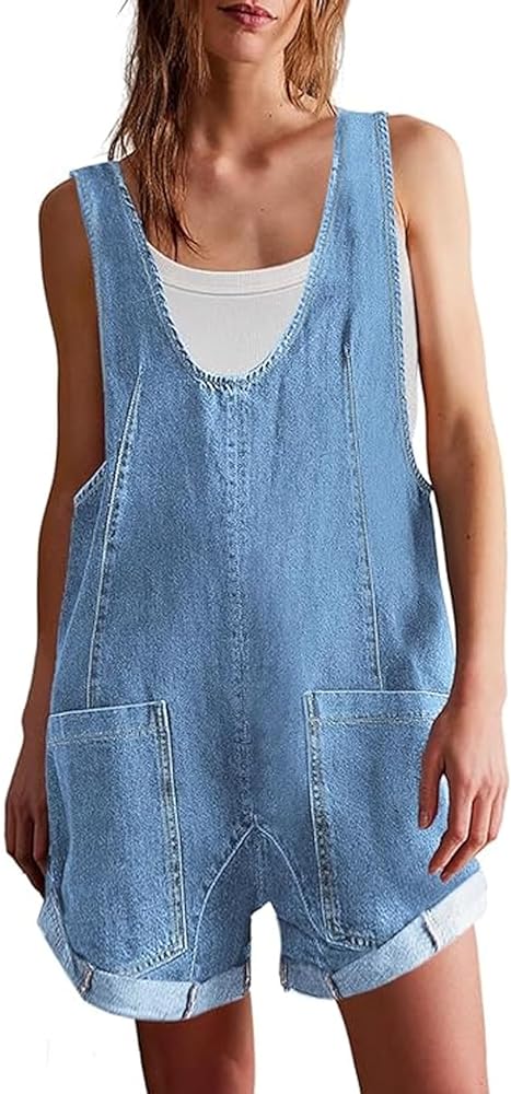 Women’s Summer Denim Rompers Adjustable Strap Jean Shortalls Short Overalls Jumpsuits with Pockets (Blue-XS)