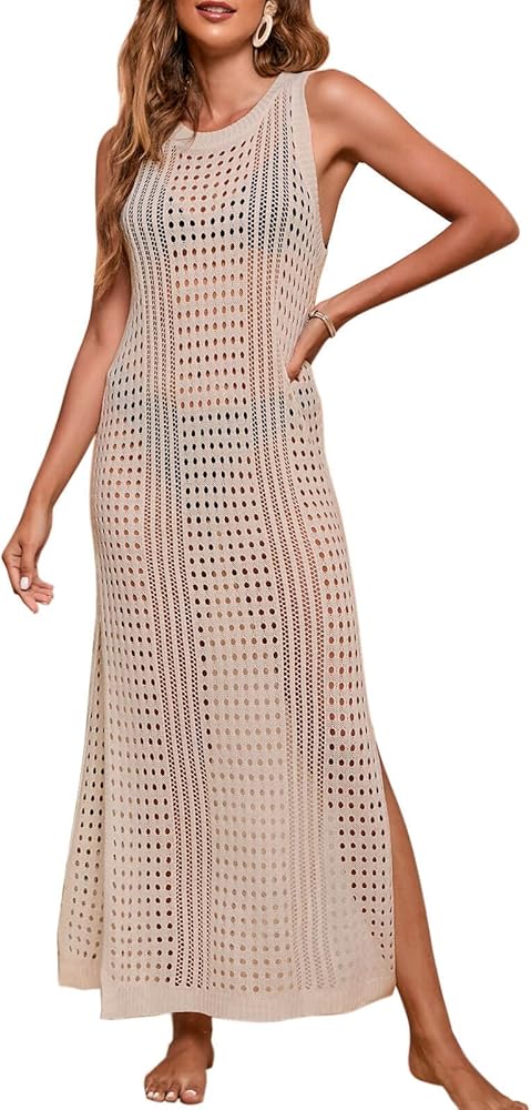 shermie Women's Crochet Swimsuit Cover Up Sleeveless Side Slit Loose Casual Long Beach Dress