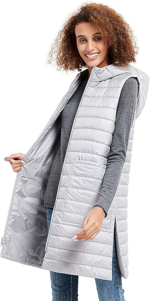 Womens Long Puffer Vest Lightweight Down Quilted Cap Sleeve Jacket with Pockets