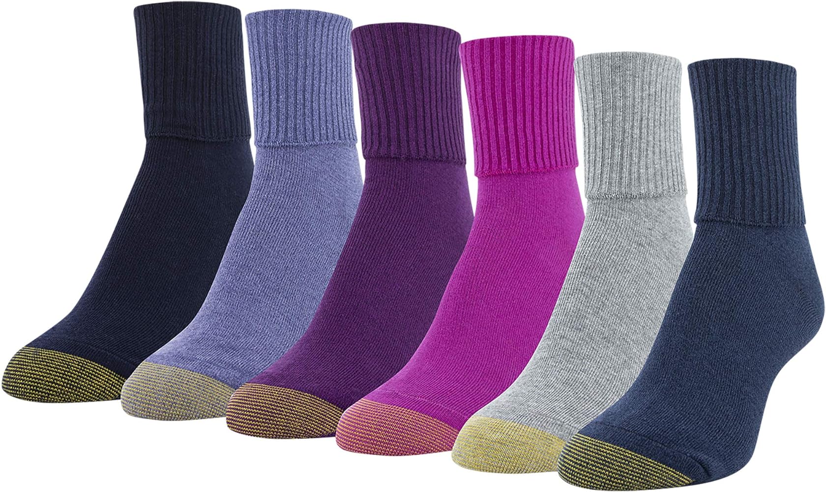 Gold Toe Women's Classic Turn Cuff Socks, 6 Pairs, Teal/Glacier/Dark Pink/Grape/Skipper Blue/Peacoat, Shoe Size: 6-9