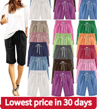 Bermuda Shorts for Women Knee Length Plus Size Cotton Linen Casual Shorts Drawstring High Waist 