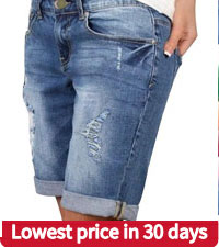 Bermuda Jean Shorts for Women Knee Length Plus Size Ripped Jeans High Waisted Stretchy Buttoned