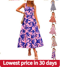 Summer Dresses for Women 2024 Casual Boho Sundress Leaf Print Wide Strap Square Neck Flowy