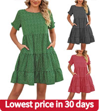 Summer Floral Dresses for Women 2024 Short Dress Crew Neck Tiered Ruffle Boho Swing Dresses