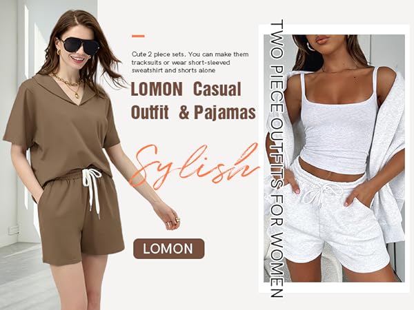 2 Piece Lounge Outfits Short Sleeve V Neck Shirt and Shorts Spring Summer Track Sweatsuit