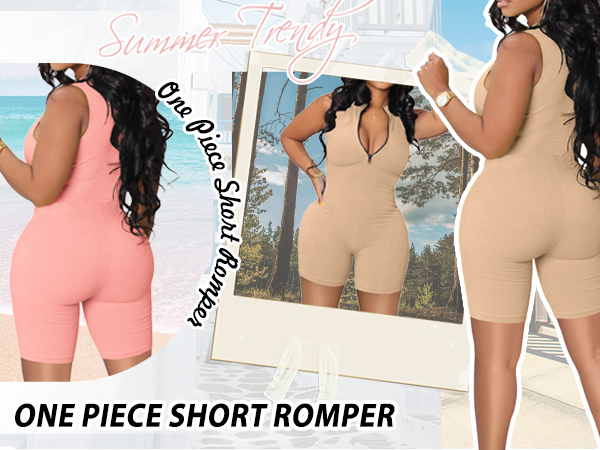 Zip Up Jumpsuits for Women Ribbed Sleeveless Zip Up Stretchy Short Romper