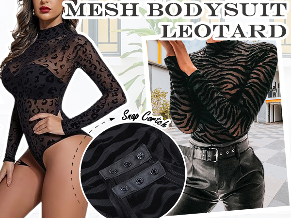 Women Long Sleeves Mesh See Through Jumpsuit Bodysuit Top Leotard