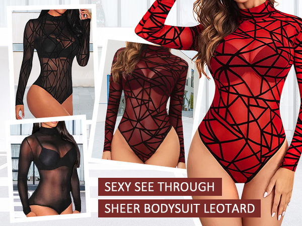 Womens Mesh Bodysuit Long Sleeve Snap Crotch Bodysuit See Through Sheer Leotards Sexy Bodysuit Tops