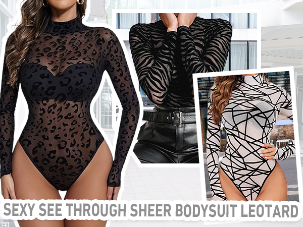 Long Sleeve Bodysuit for Women Sheer Mesh See Through Leotard Bodysuit Top