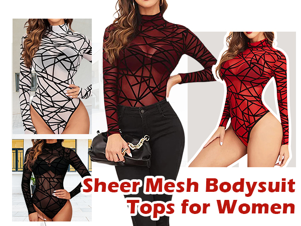 Black Bodysuit Women Mock Neck Long Sleeve Mesh Sheer One Piece Leotard