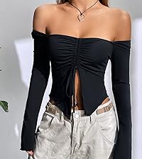 Milumia Women Off Shoulder Ruched Tie Front Top Y2k Long Flared Sleeve Split Hem Tee Tops