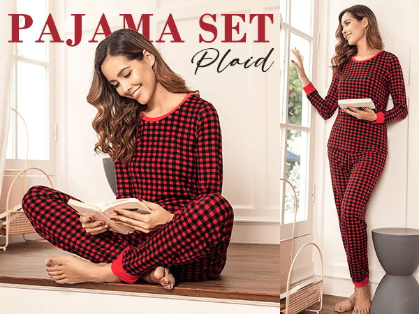 Womens Pajama Set Plaid Pj Long Sleeve Sleepwear Soft Contrast 2 Piece Lounge Sets