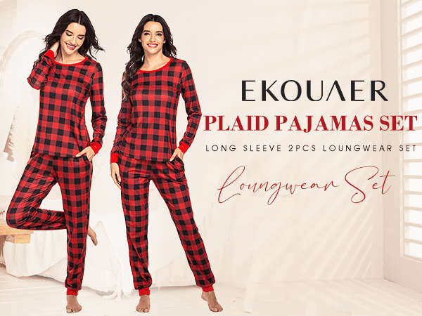 Women''s Pajama Set Plaid Pj Long Sleeve Sleepwear Soft Contrast 2 Piece Lounge Sets